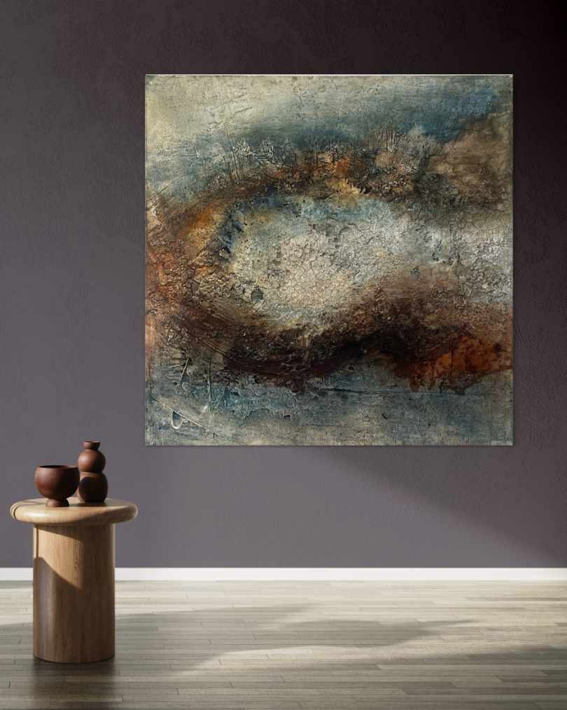 Bild mit Sumpfkalk blau und weiss an Wand